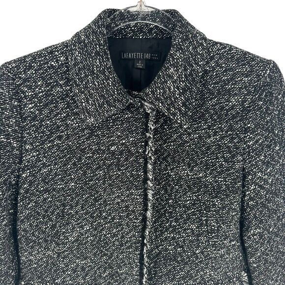 Lafayette 148 Blazer Women 2 Black White Tweed Snap Button Raw Hem Office Career - Picture 4 of 12